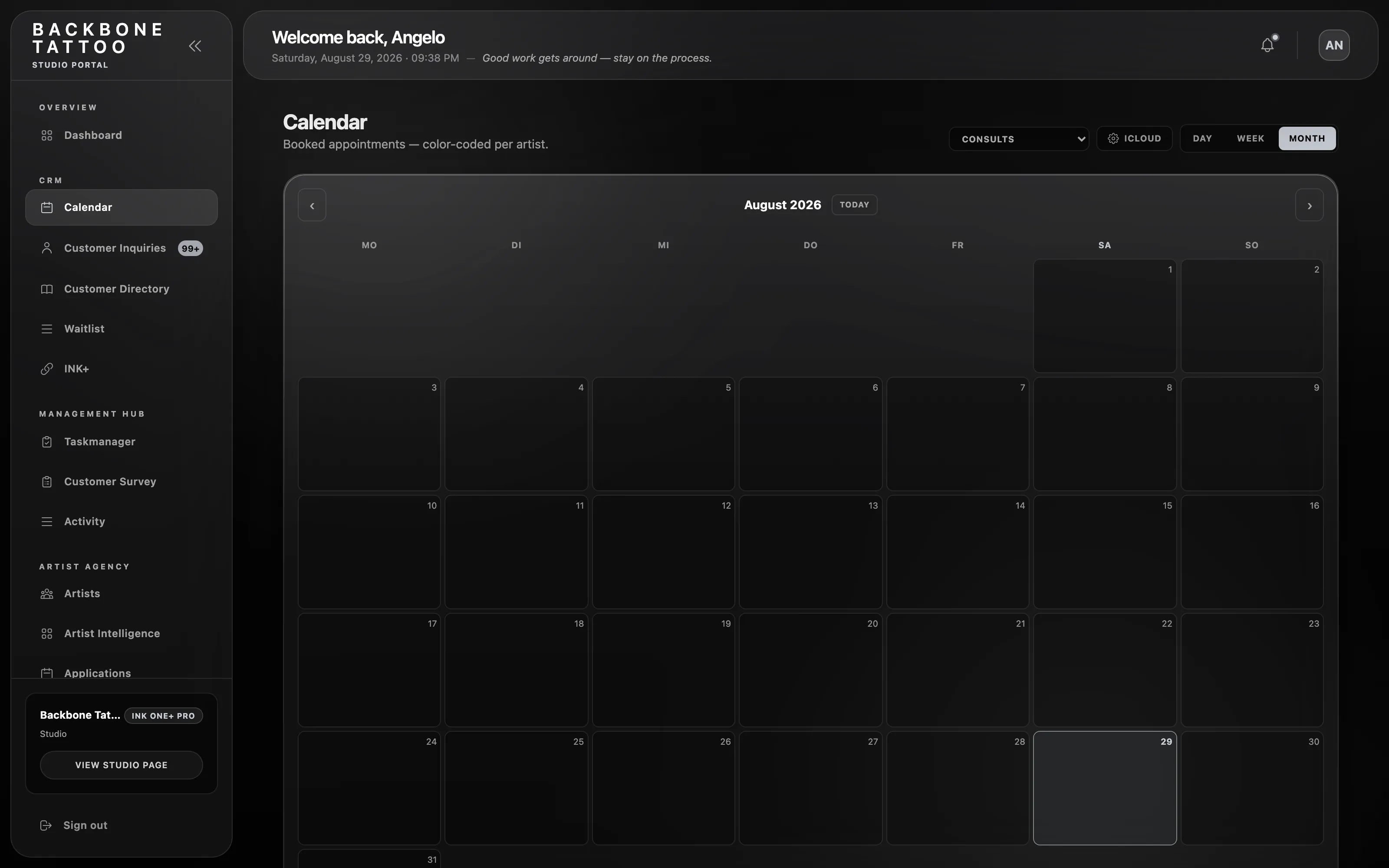 INK One calendar with artist scheduling