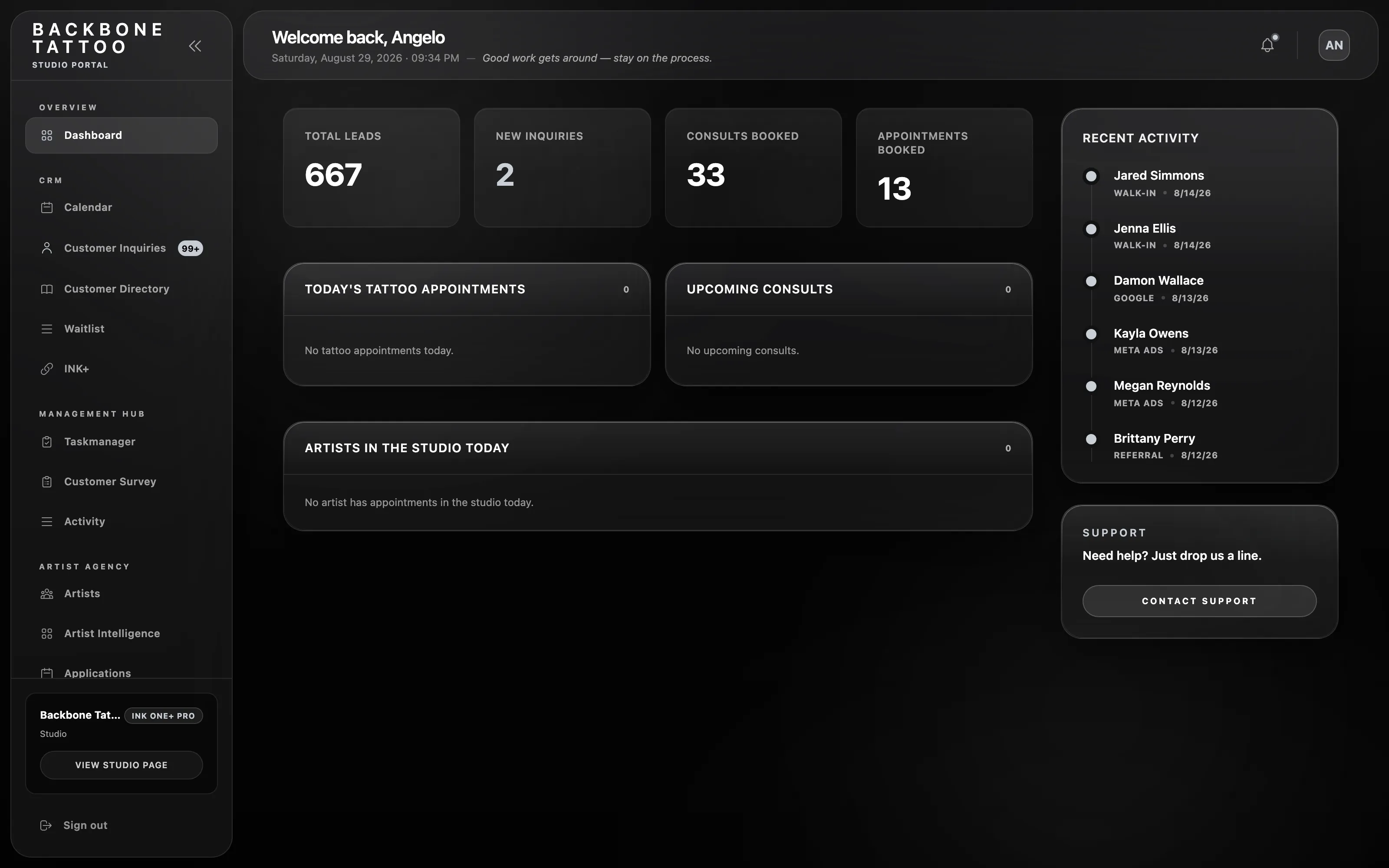 The INK One studio dashboard — live workspace
