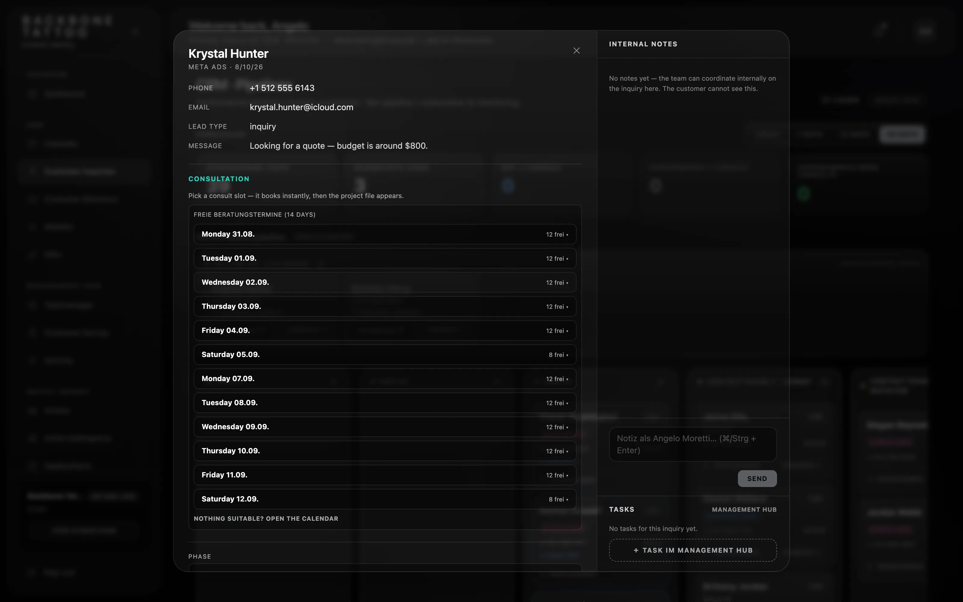 An INK One inquiry with instant consultation booking and internal team notes
